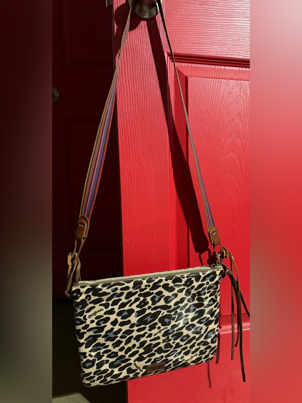 Consuela Leopard Crossbody with Rainbow Stripe Strap